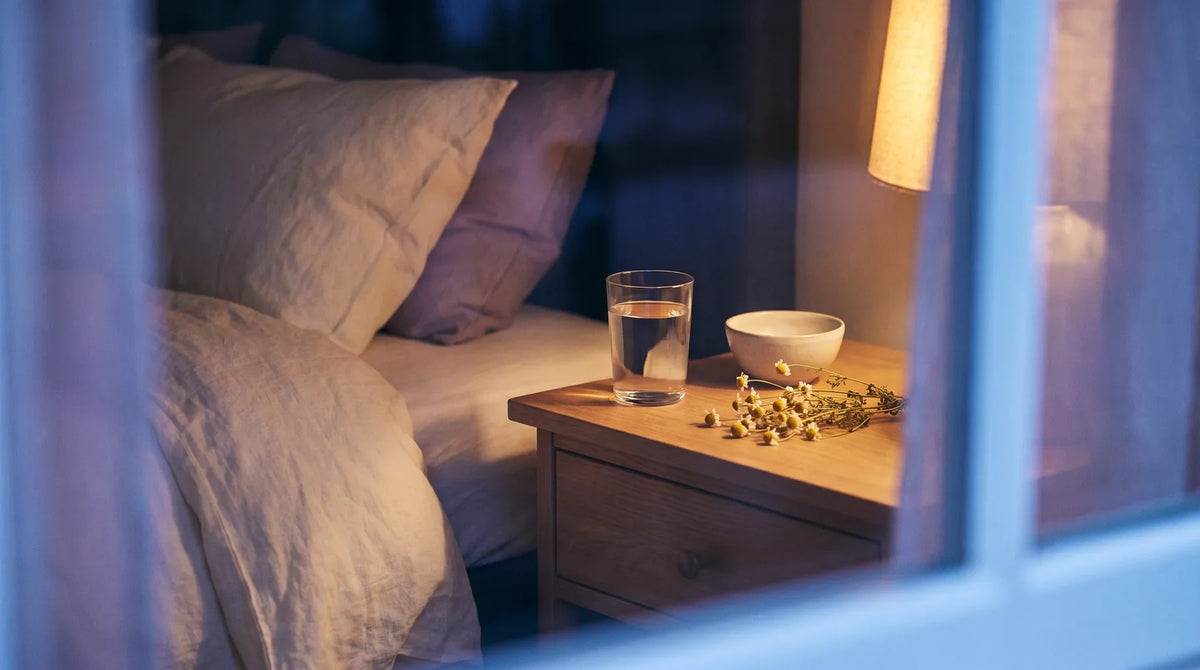 Verre d'eau et camomille séchée sur une table de nuit au crépuscule