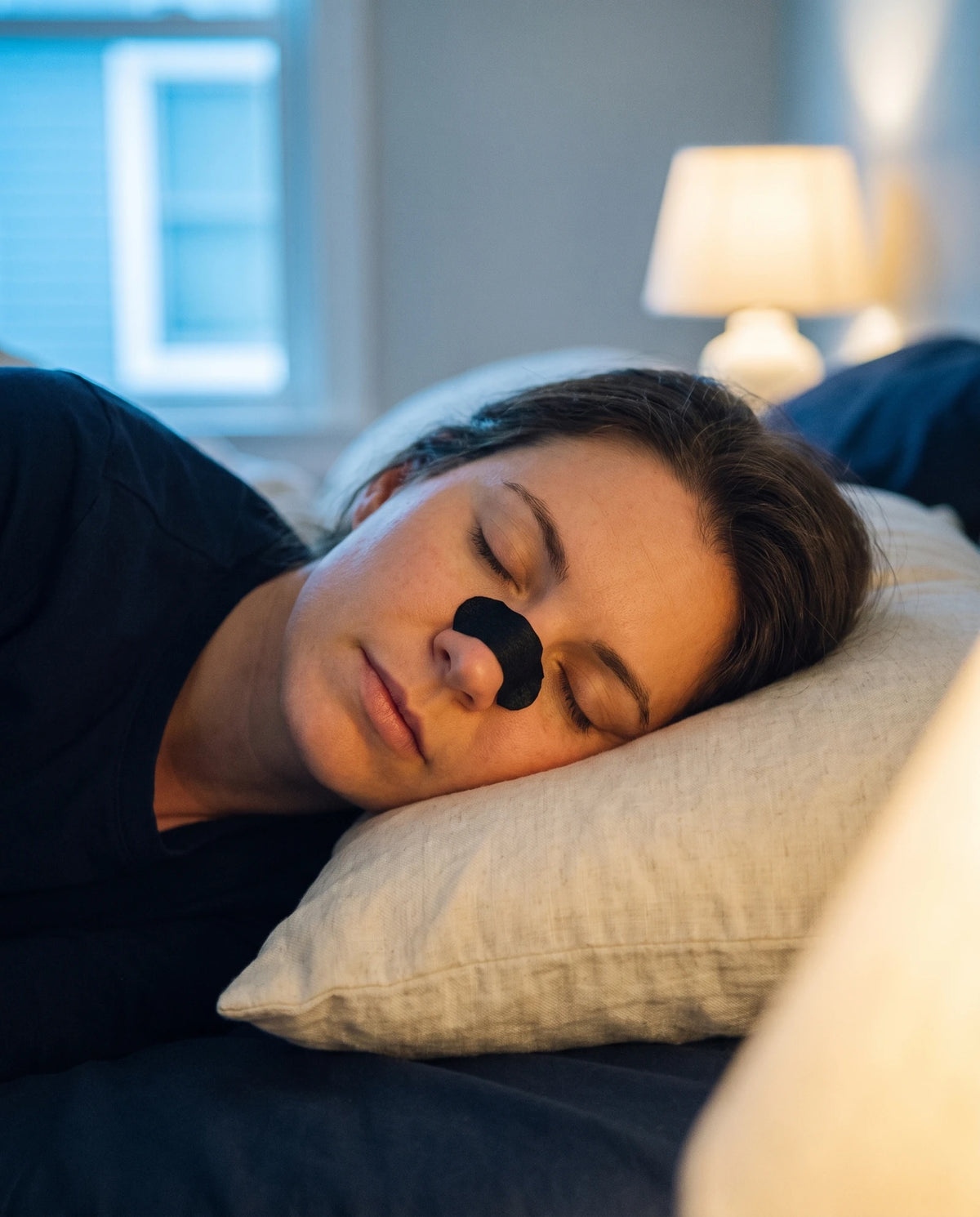 Femme endormie sur le côté, une bandelette nasale posée sur le nez