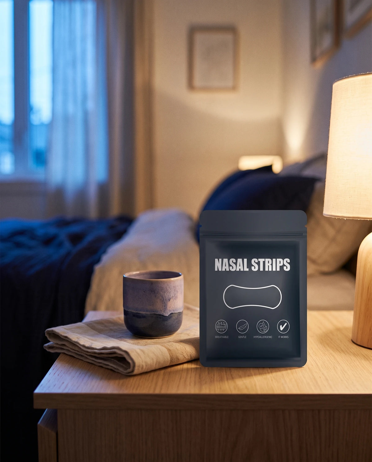 Le sachet de bandelettes nasales posé sur une table de nuit, à la lueur d'une lampe