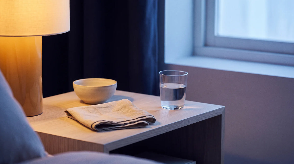 Protéger — table de nuit avec un verre d'eau et une coupelle en céramique