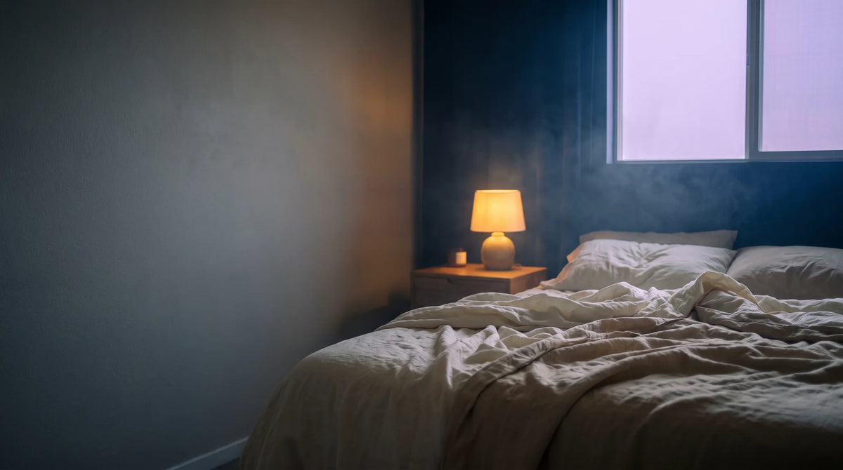 Chambre au crépuscule, lit de lin crème et lampe de chevet allumée
