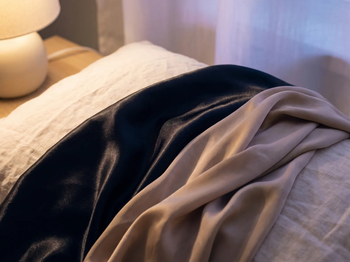 Satin noir, soie sable et lin crème posés côte à côte sur un lit