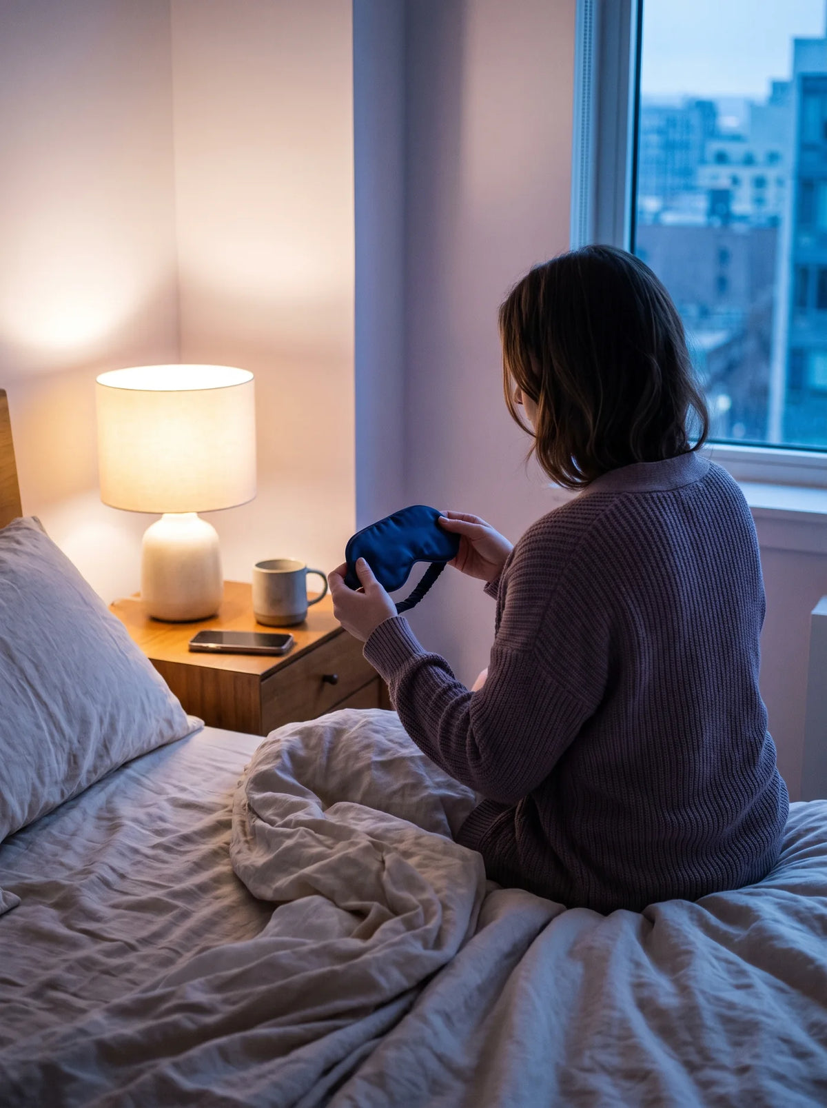 Une femme assise au bord de son lit au crépuscule, un masque de nuit entre les mains, téléphone posé face contre la table de nuit