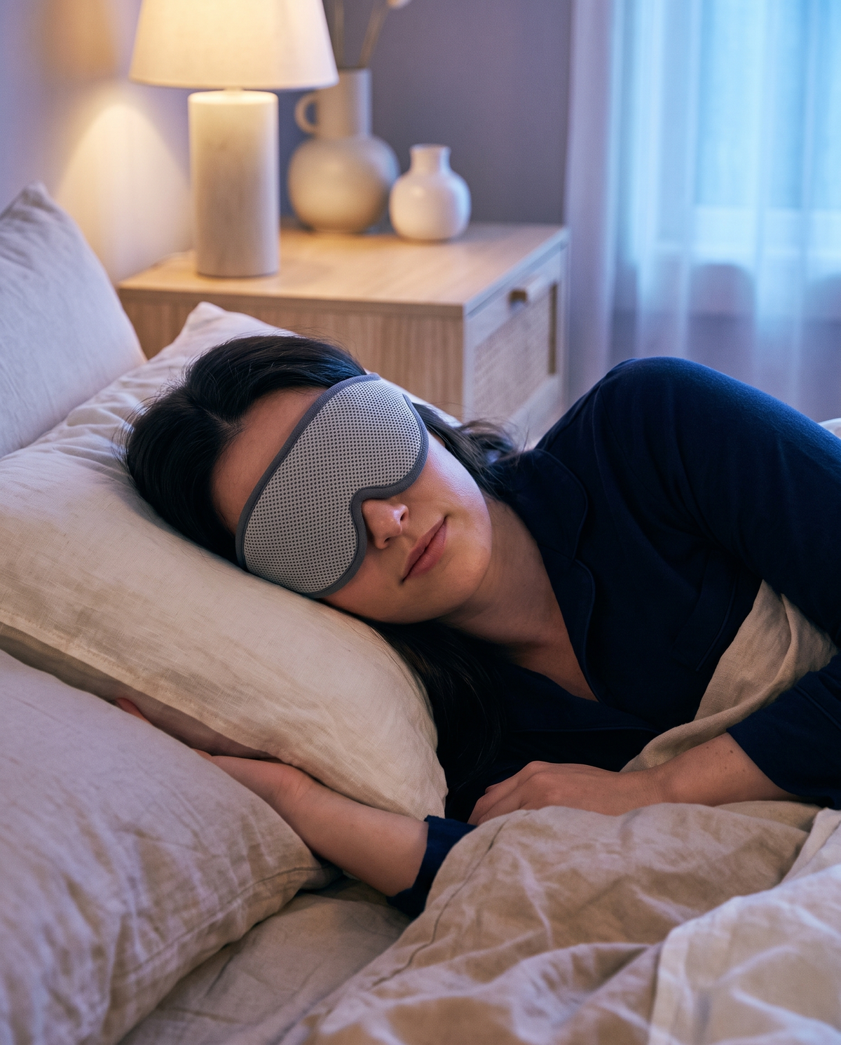 Femme allongée sur le côté portant le masque 3D occultant, chambre au crépuscule