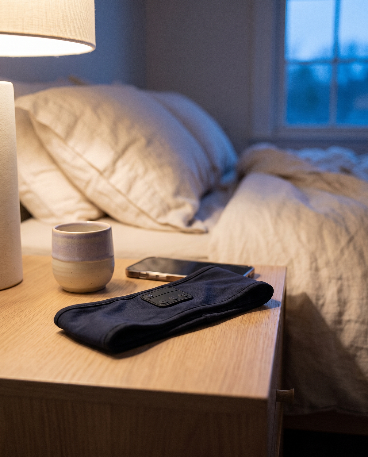 Le bandeau Bluetooth posé sur une table de nuit à côté d'un téléphone face contre bois