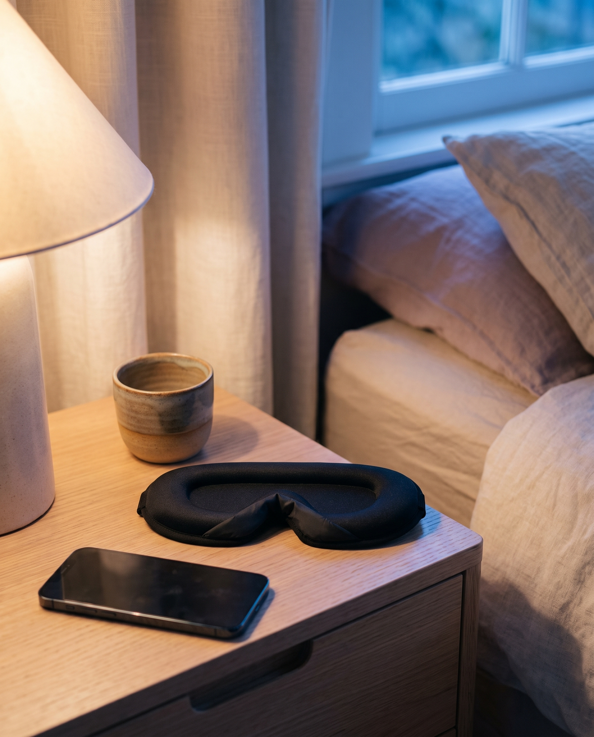 Le masque 3D Bluetooth posé sur une table de nuit en bois clair