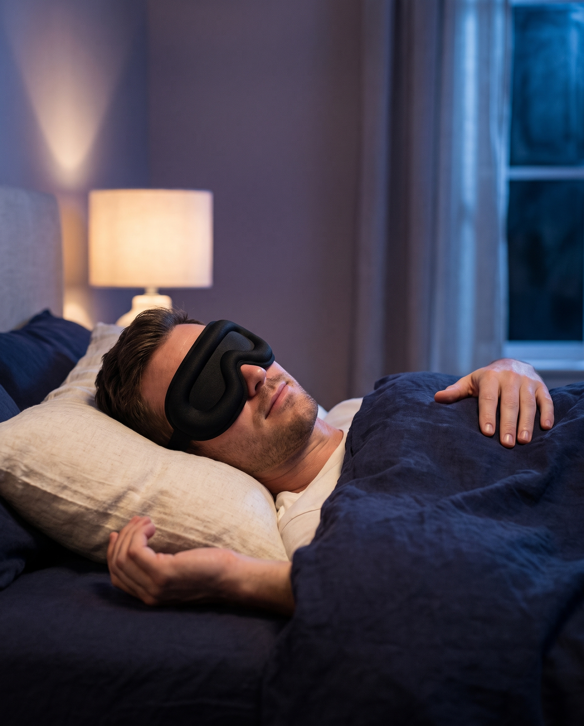 Homme allongé sur le dos portant le masque 3D Bluetooth, chambre la nuit