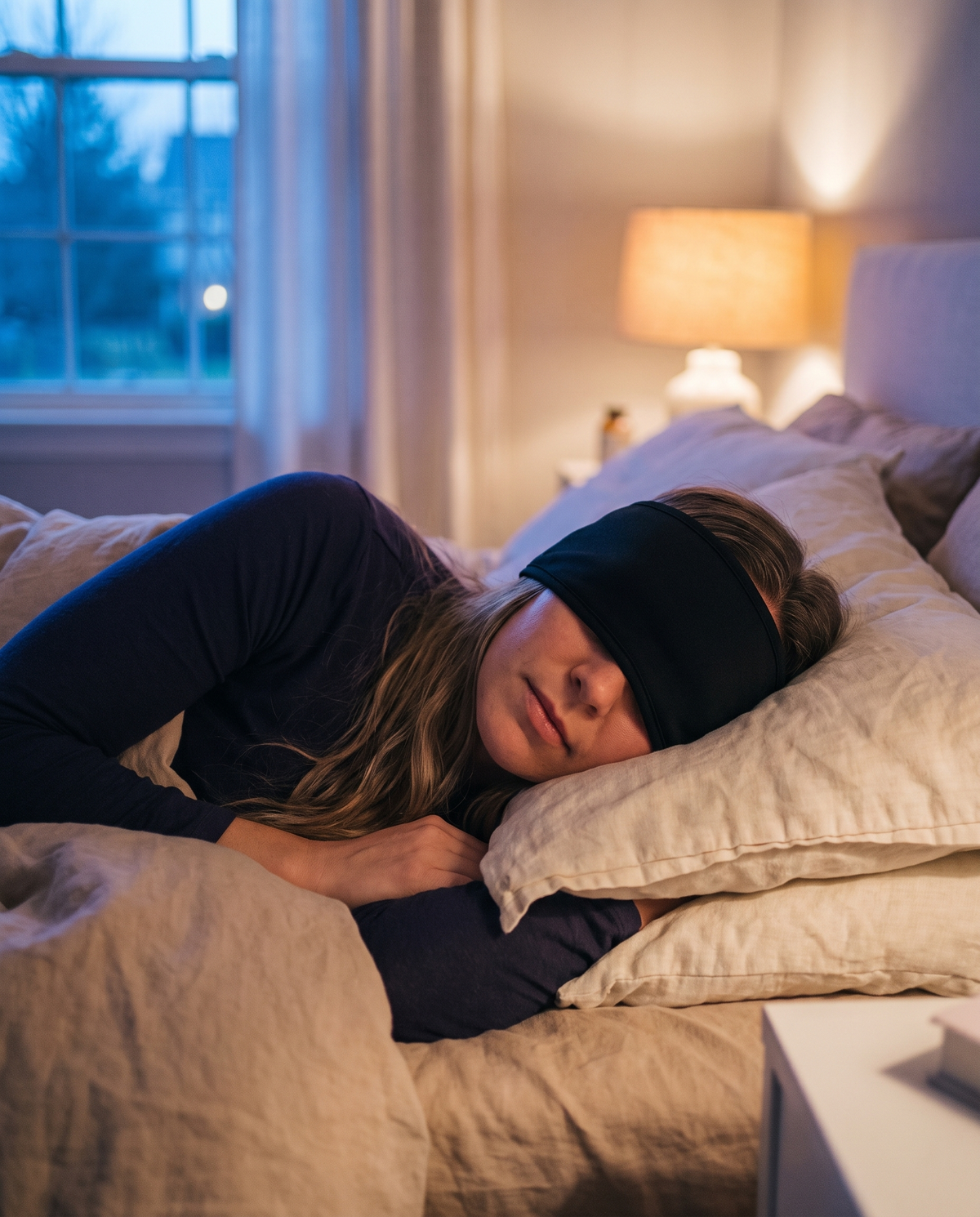 Femme allongée sur le côté portant le bandeau Bluetooth sur les yeux