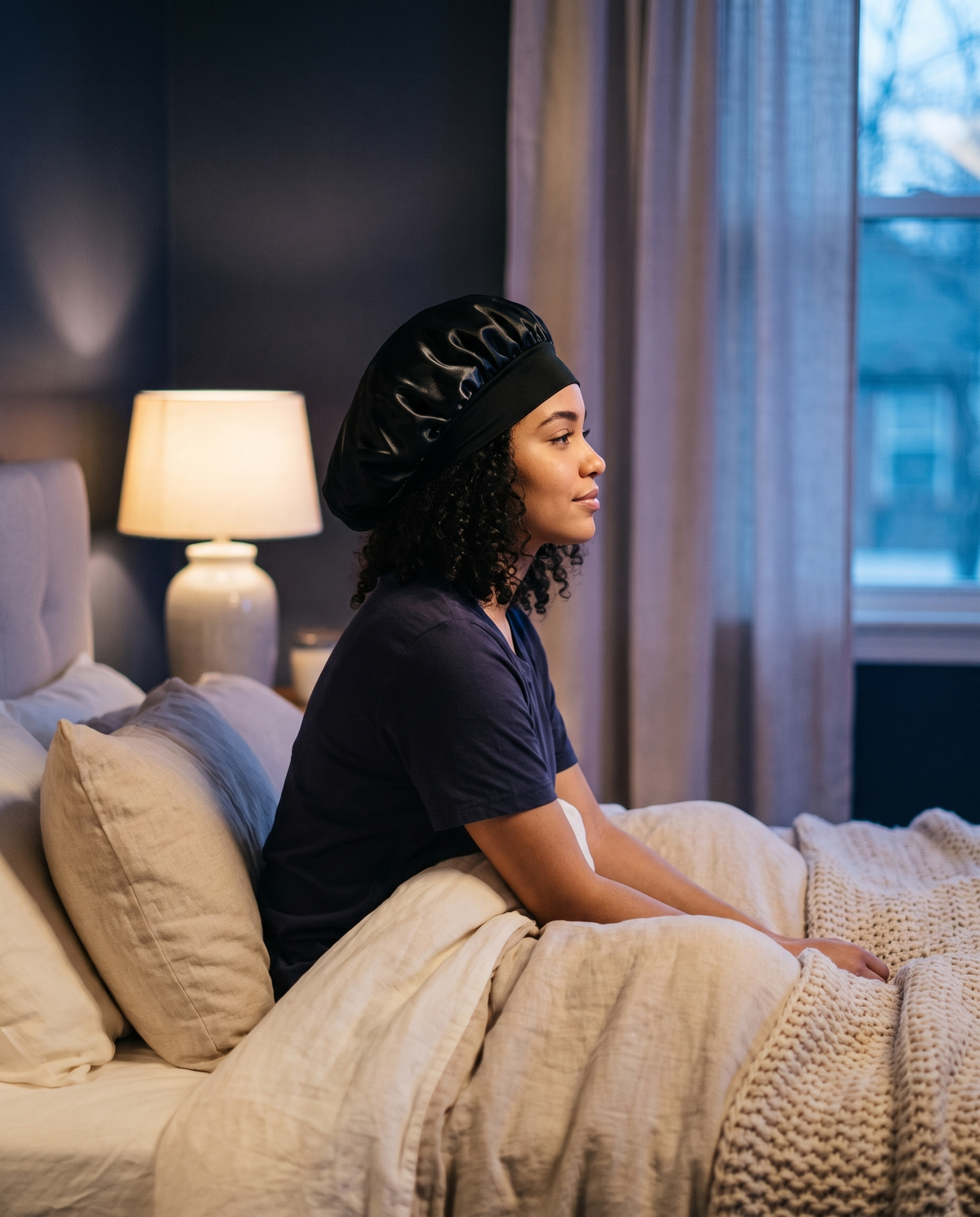 Femme aux cheveux bouclés portant le bonnet en satin, assise au bord du lit