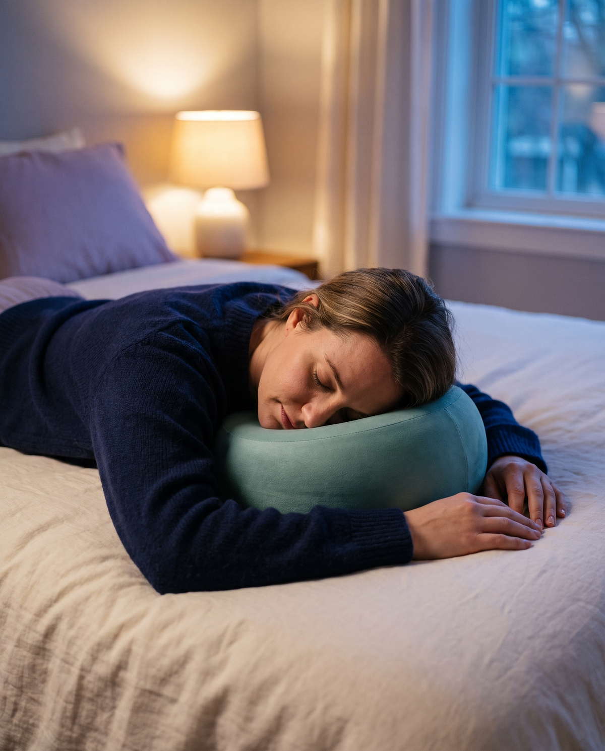 Une femme dort à plat ventre, le visage posé dans l'ouverture du coussin
