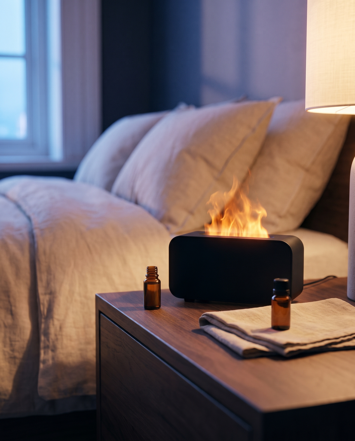 Le diffuseur à côté d'un flacon d'huile essentielle et d'un linge de lin