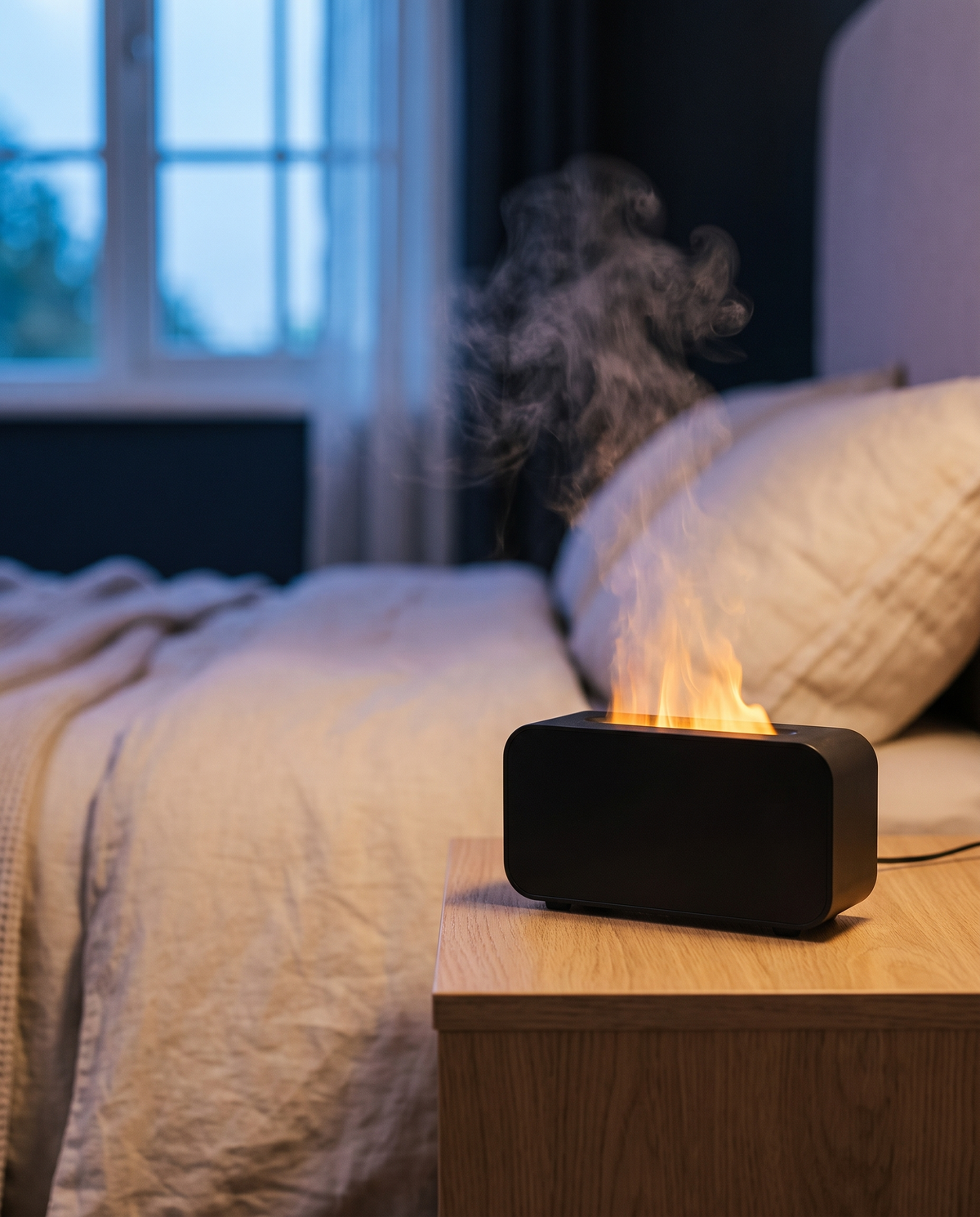 Le diffuseur allumé sur une table de nuit, brume s'élevant au-dessus