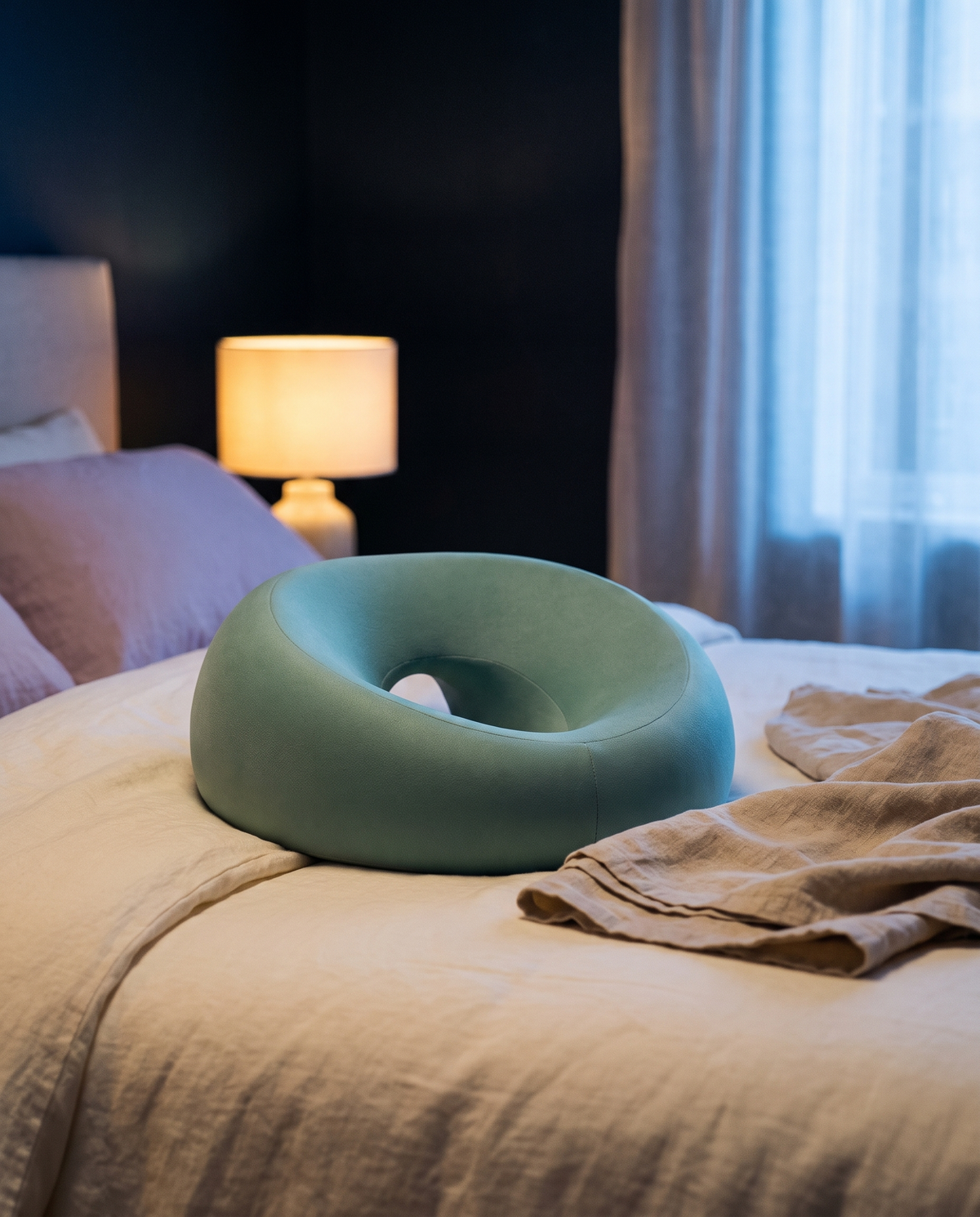 Le coussin repose-visage posé sur un lit de lin crème au crépuscule