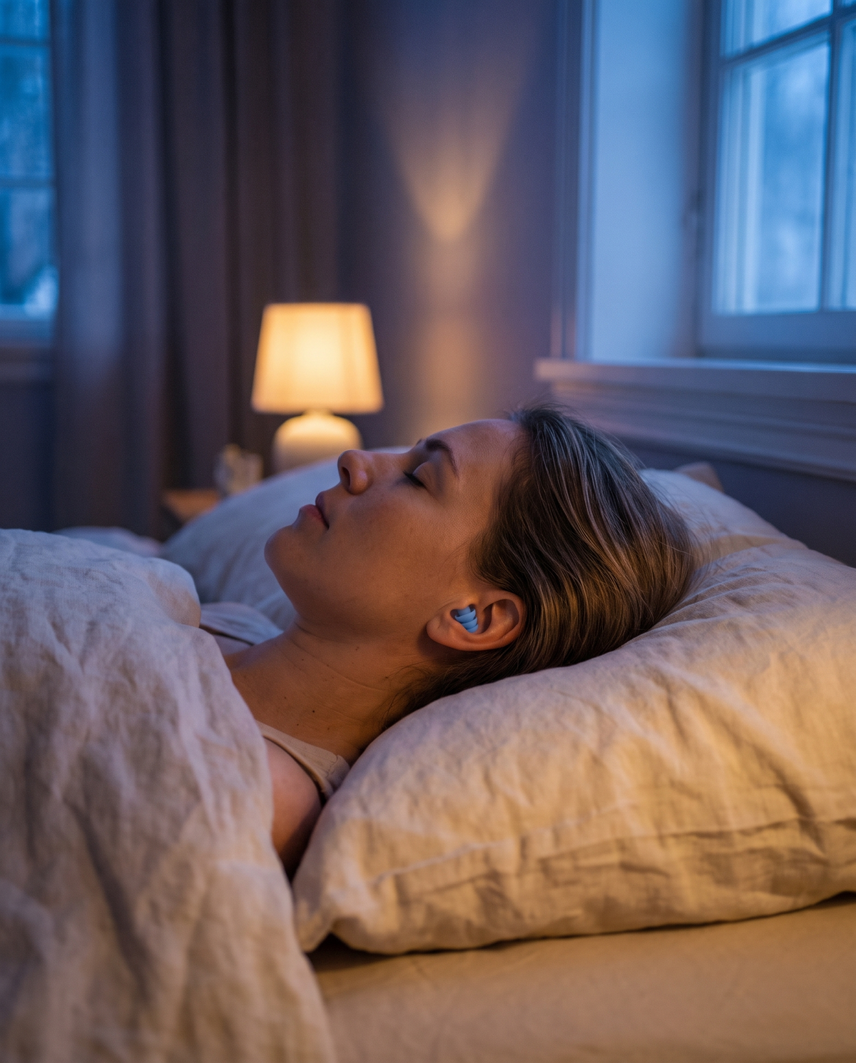 Femme endormie sur le côté, un bouchon d'oreille en place