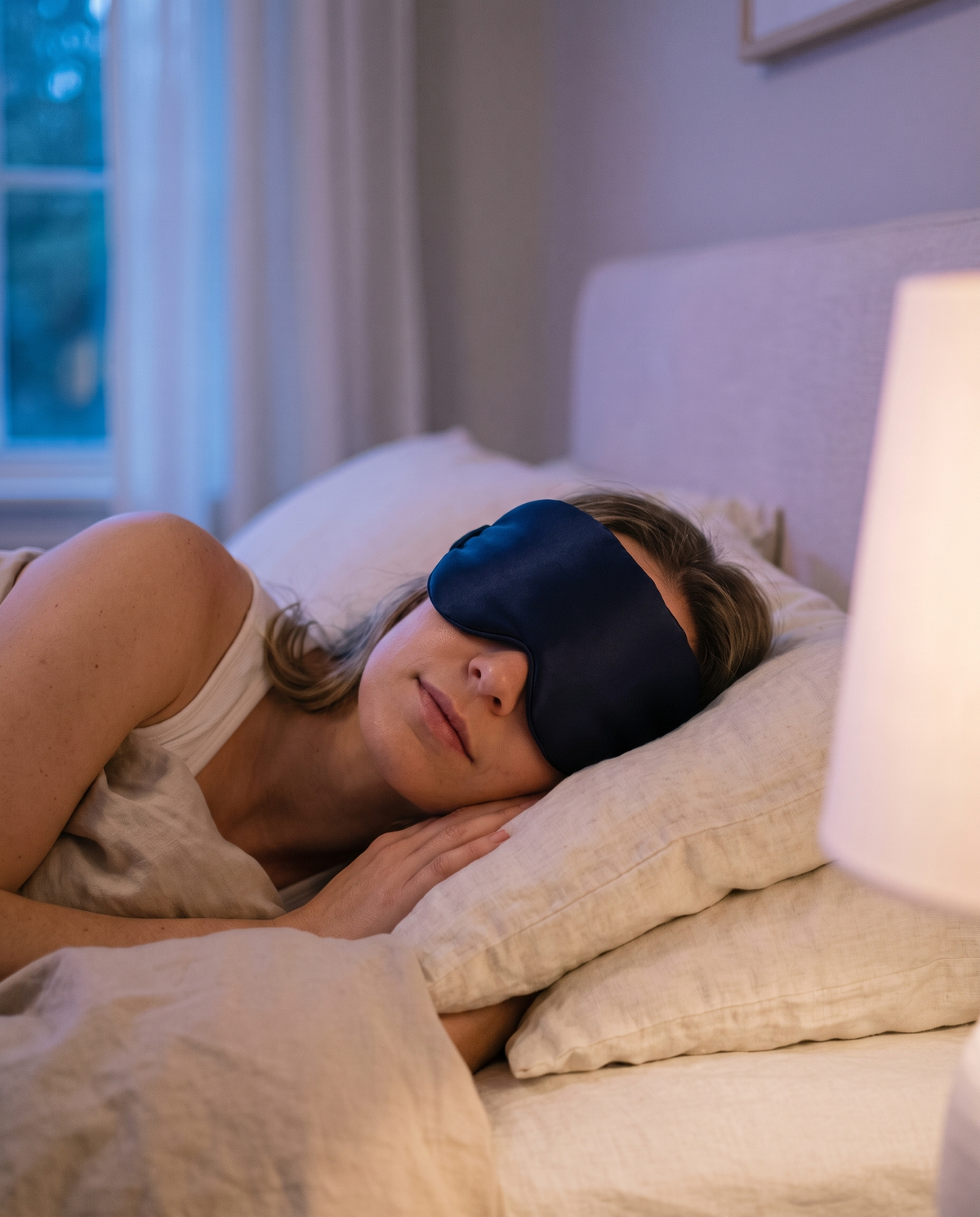 Femme allongée sur le côté portant le masque en soie, chambre au crépuscule