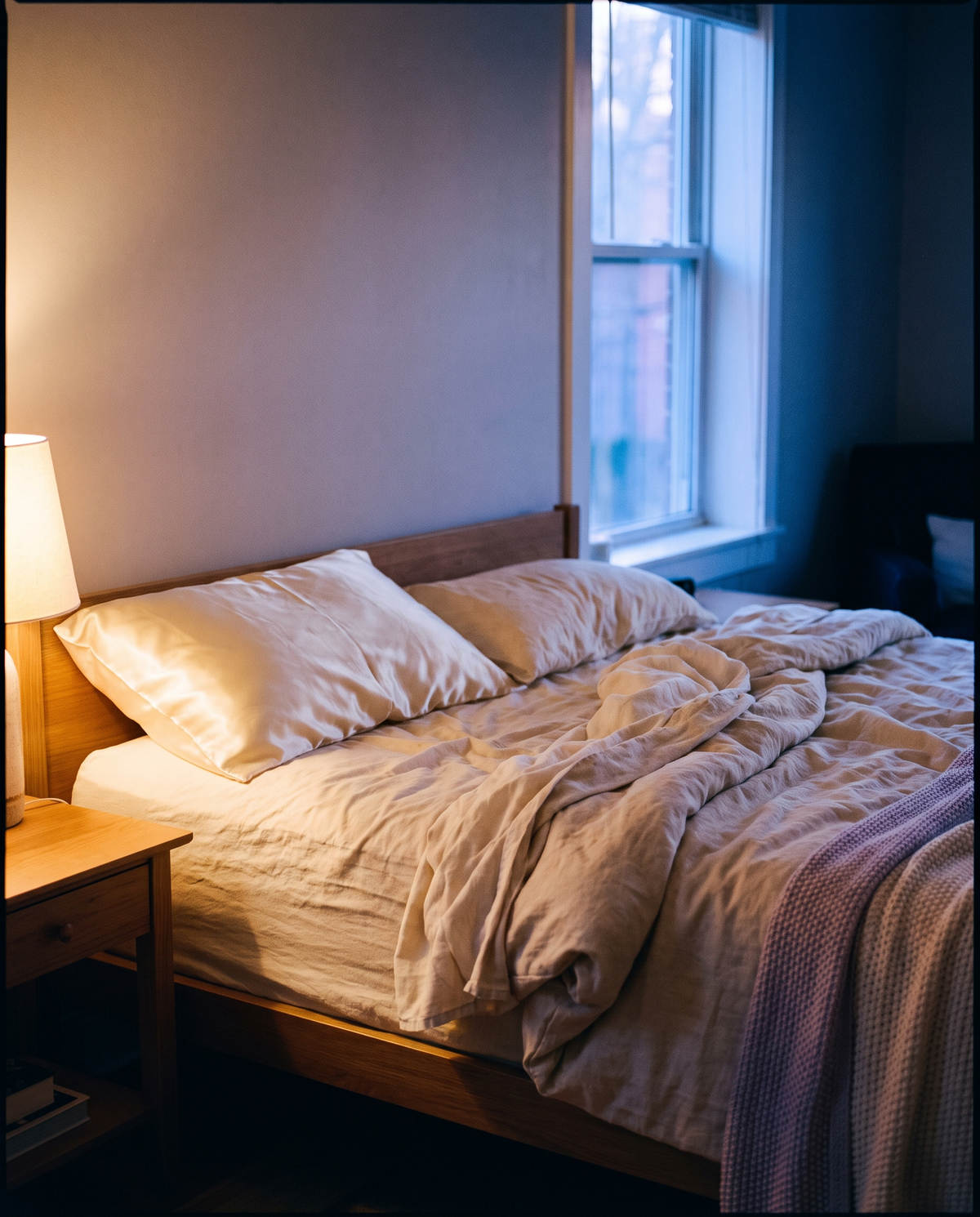La taie en satin sur un oreiller, en tête d'un lit défait au crépuscule