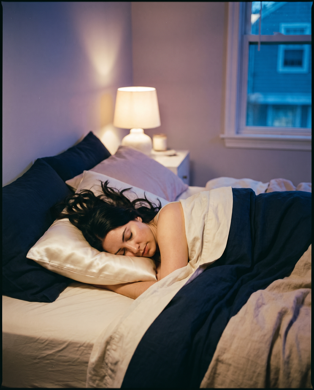 Femme endormie sur le côté, la joue posée sur la taie en satin