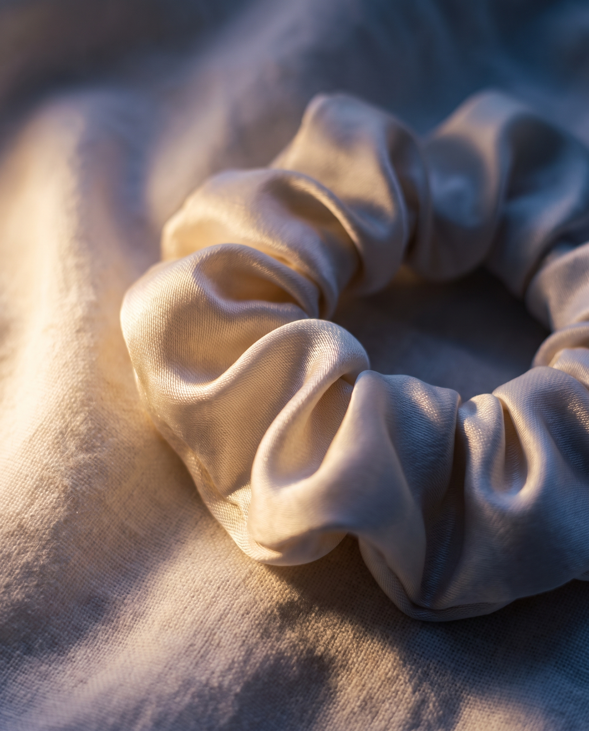 Gros plan sur les plis de satin d'un chouchou crème