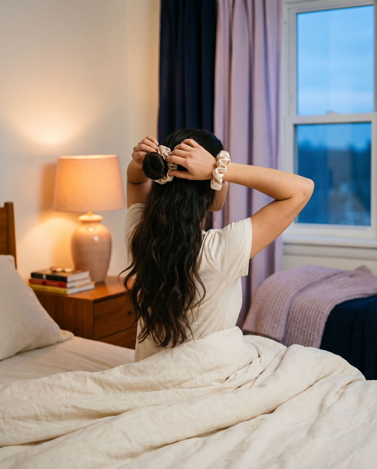Femme attachant ses cheveux avec un chouchou en satin, assise au bord du lit